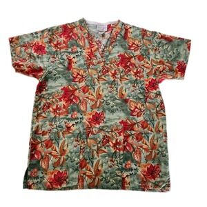 Autumn / Fall Leaves 100% Cotton Scrub Top 3-pocket V-neck Green Orange SMALL